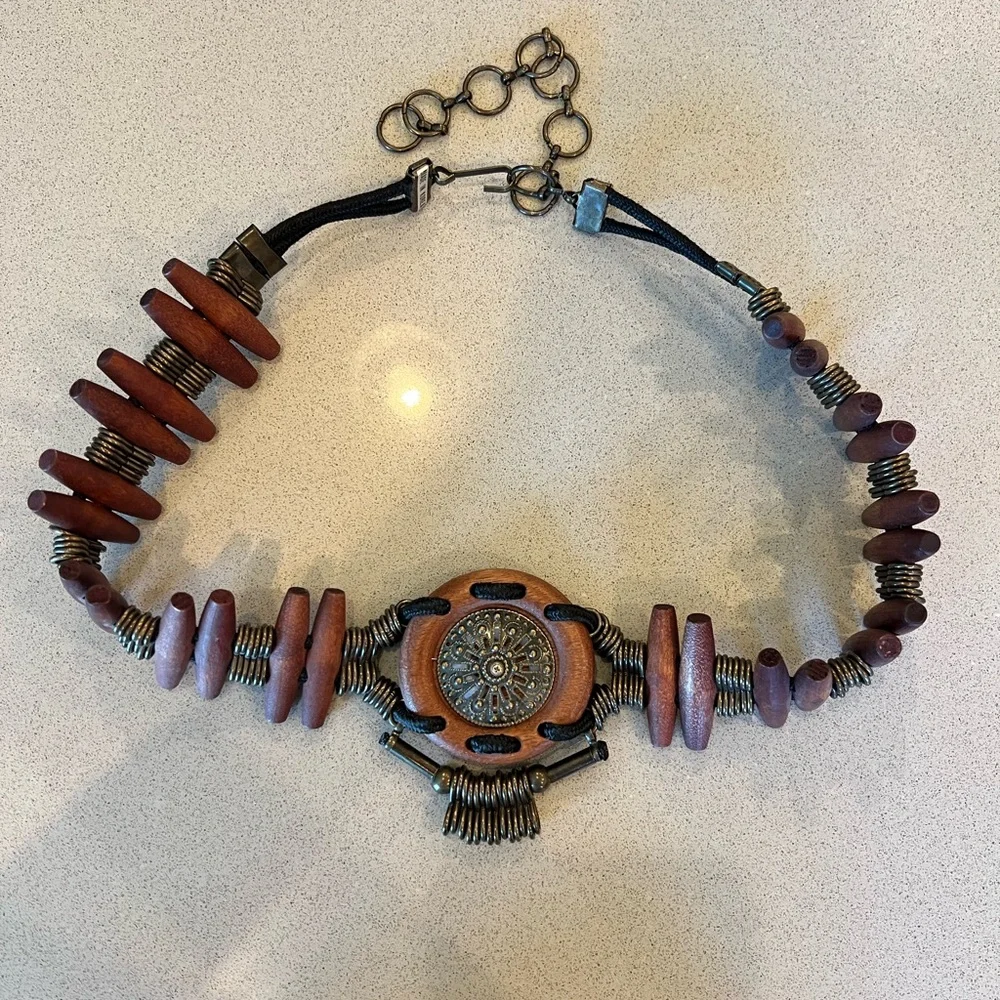 VIntage Women Belt Metal Medallion Wood Boho Western Coachella 37”